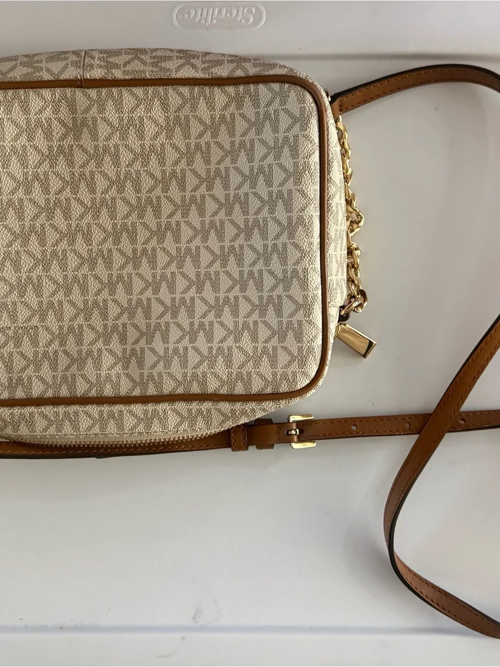 Michael Kors Beige Monogram Crossbody with Tan Trim